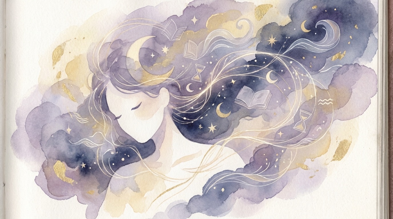 Dreamy illustration of a sleeping mind with floating dream symbols connected to sleep cycles