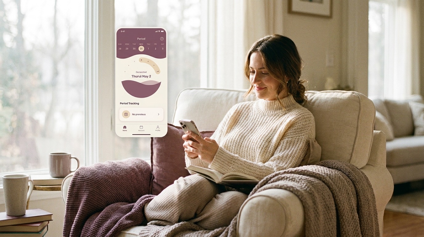 Woman calmly checking the Vyve private period tracker app on her smartphone in a warm, cream-toned room
