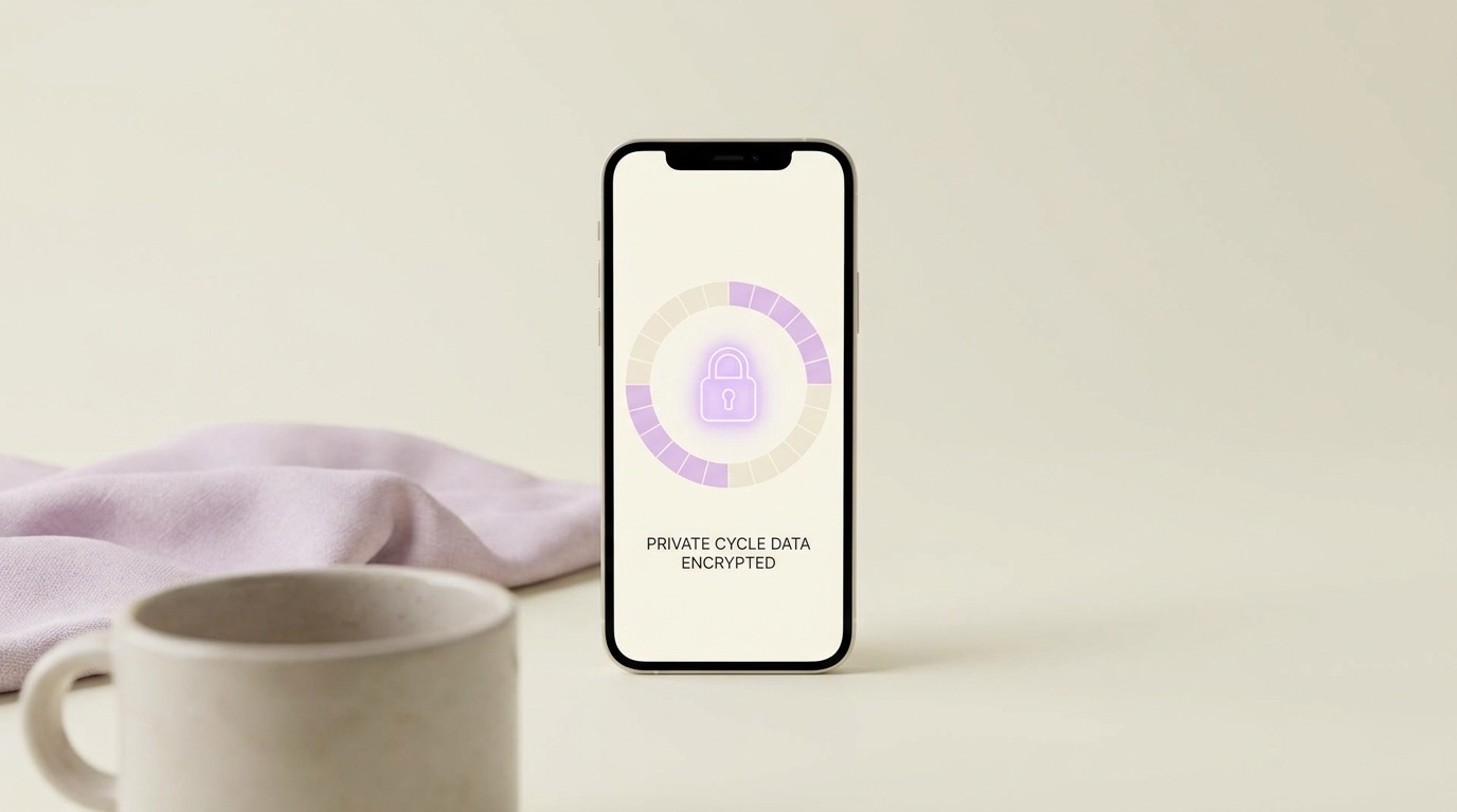 Conceptual illustration of menstrual cycle data staying locked and encrypted on a smartphone, representing Vyve's on-device privacy