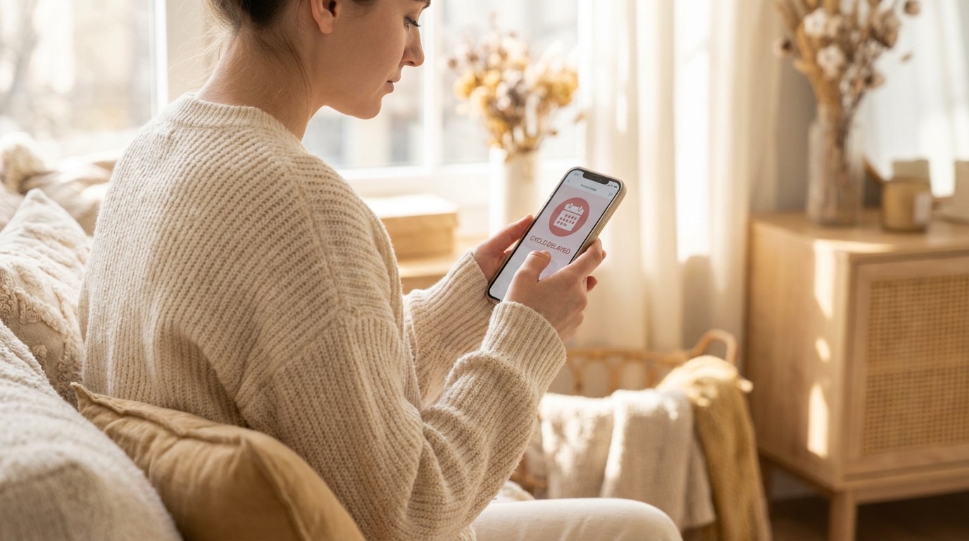 Tela de aplicativo mostrando o registro do ciclo menstrual e a previsão de quando a menstruação deve vir