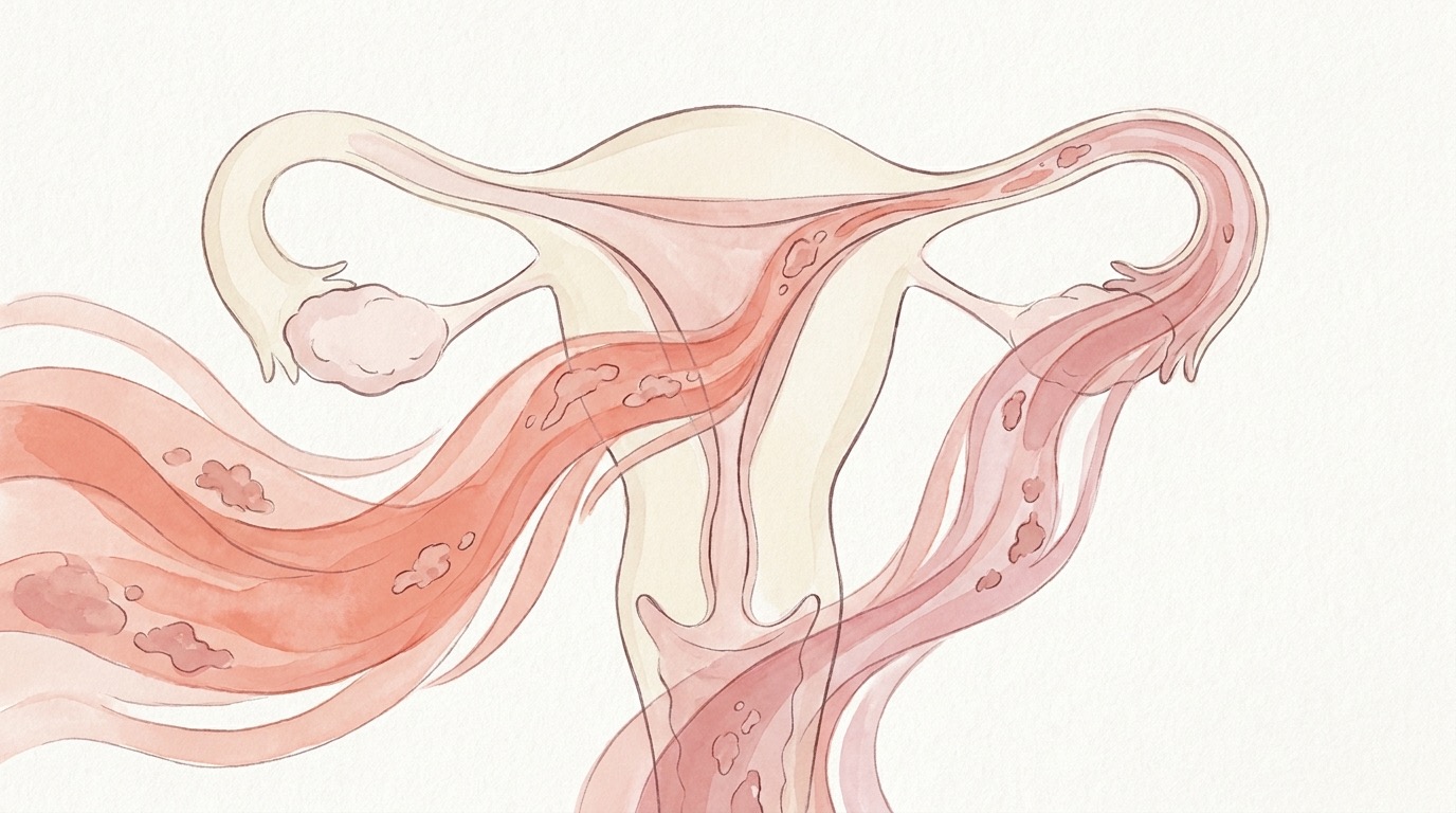 Soft medical illustration of the uterus showing common causes of large period clots such as fibroids, polyps and a thickened lining