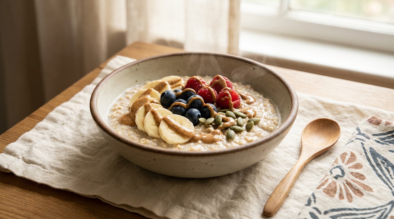 A cozy warm bowl of oats topped with banana, berries and nut butter — a comforting and helpful period breakfast