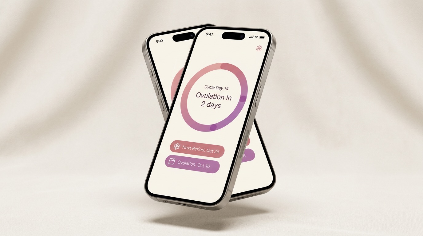 A close-up of a smartphone showing a smart cycle tracking app with personalized period and ovulation predictions