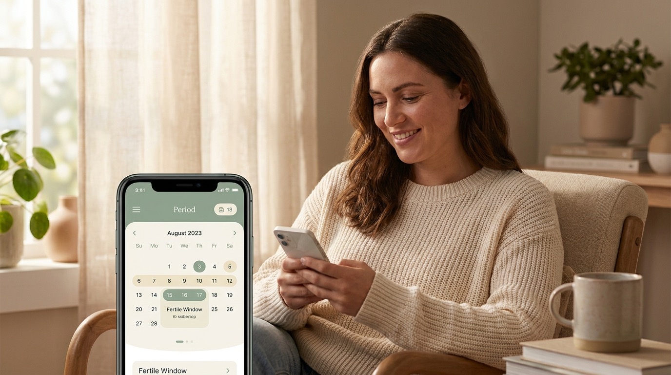 Manos sosteniendo un teléfono que muestra una app de seguimiento de la ovulación de forma serena, simbolizando el registro privado de la ventana fértil con Vyve