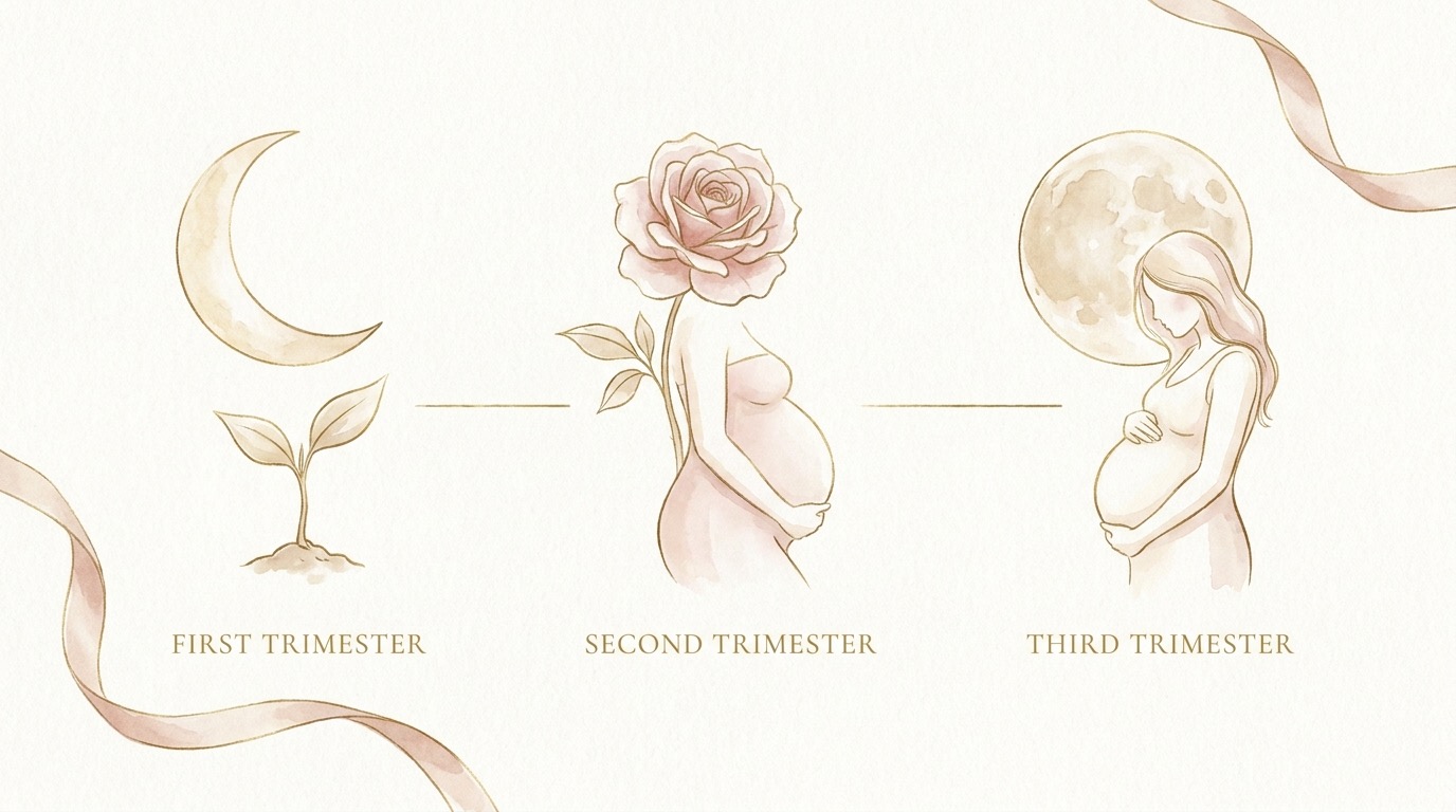 Soft editorial illustration of the three pregnancy trimesters shown as a gentle 40-week arc from conception to birth