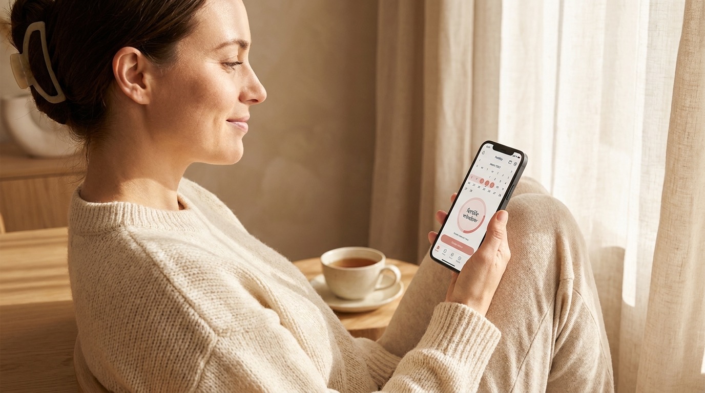 Woman privately logging cervical mucus and basal body temperature in the Vyve fertility app on her phone