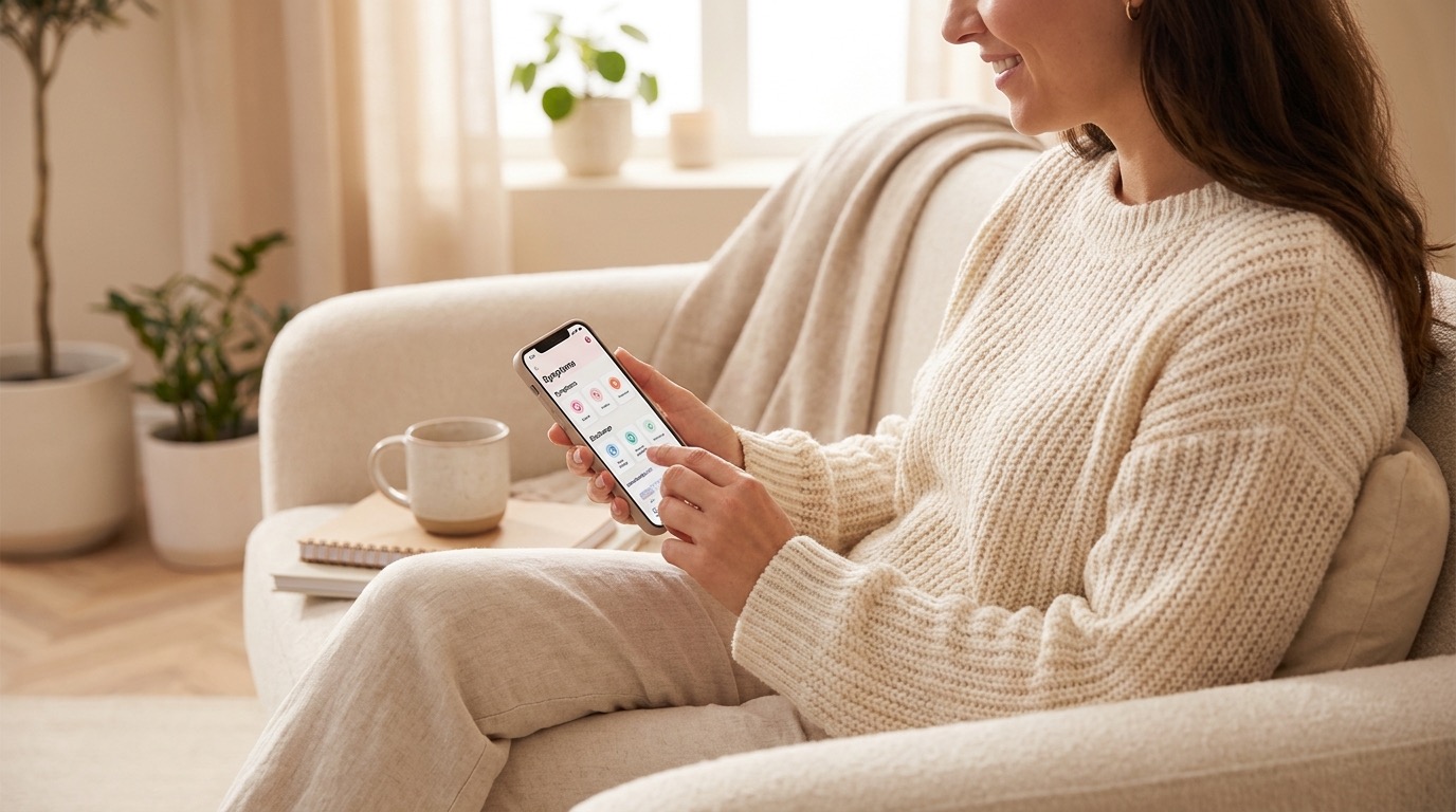 Manos sosteniendo un teléfono que muestra el registro privado del ciclo y del manchado en la app Vyve