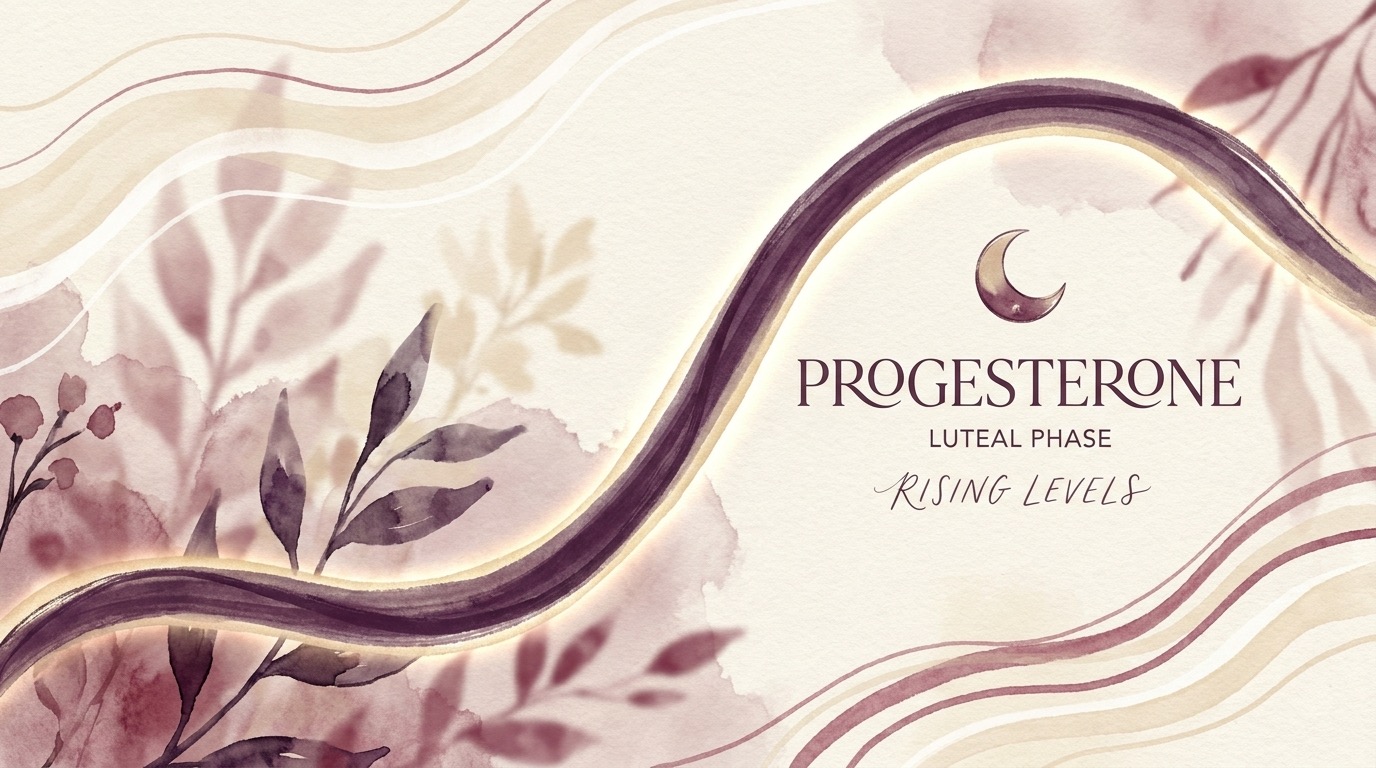 Soft editorial illustration of progesterone rising and falling across the luteal phase, with the corpus luteum and uterine lining