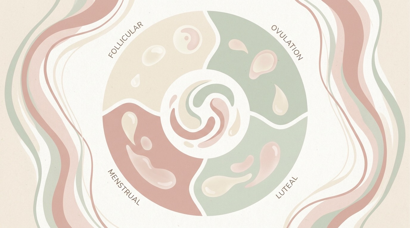 Gentle concept illustration showing how vaginal discharge changes across the menstrual cycle, from drier after a period to clear around ovulation to creamy milky white before a period