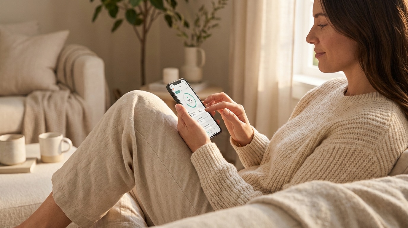 Woman privately logging her vaginal discharge and cycle in the Vyve app on her phone