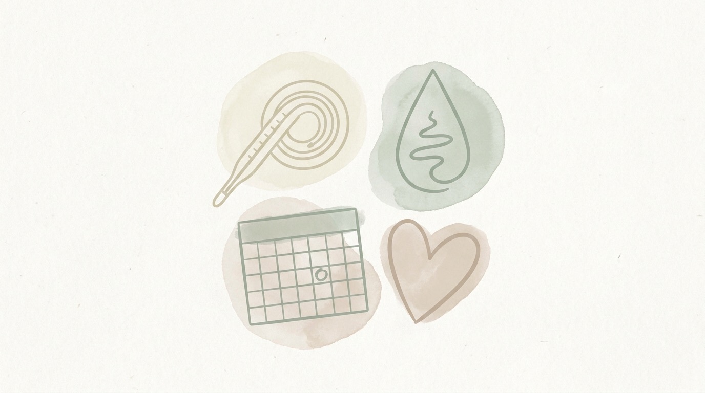 Soft editorial illustration of the key signs of ovulation including cervical mucus, basal body temperature and the LH surge