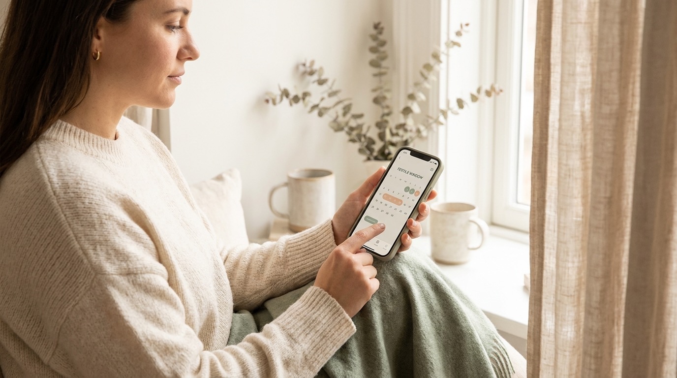 Person tracking ovulation signs over a cycle in the Vyve app, combining temperature, mucus and LH test data