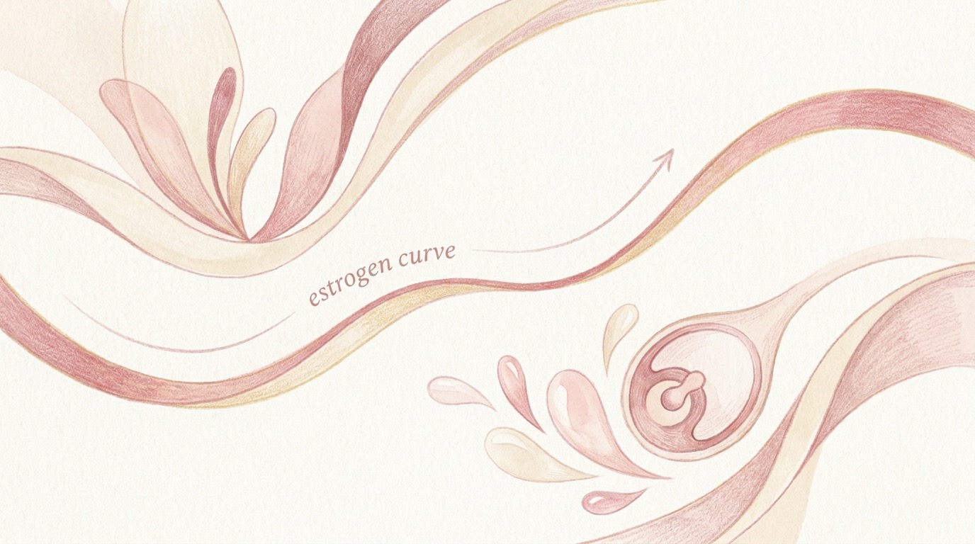 Soft editorial illustration of the hormonal causes of ovulation spotting, showing the estrogen dip at the LH surge and the follicle releasing the egg