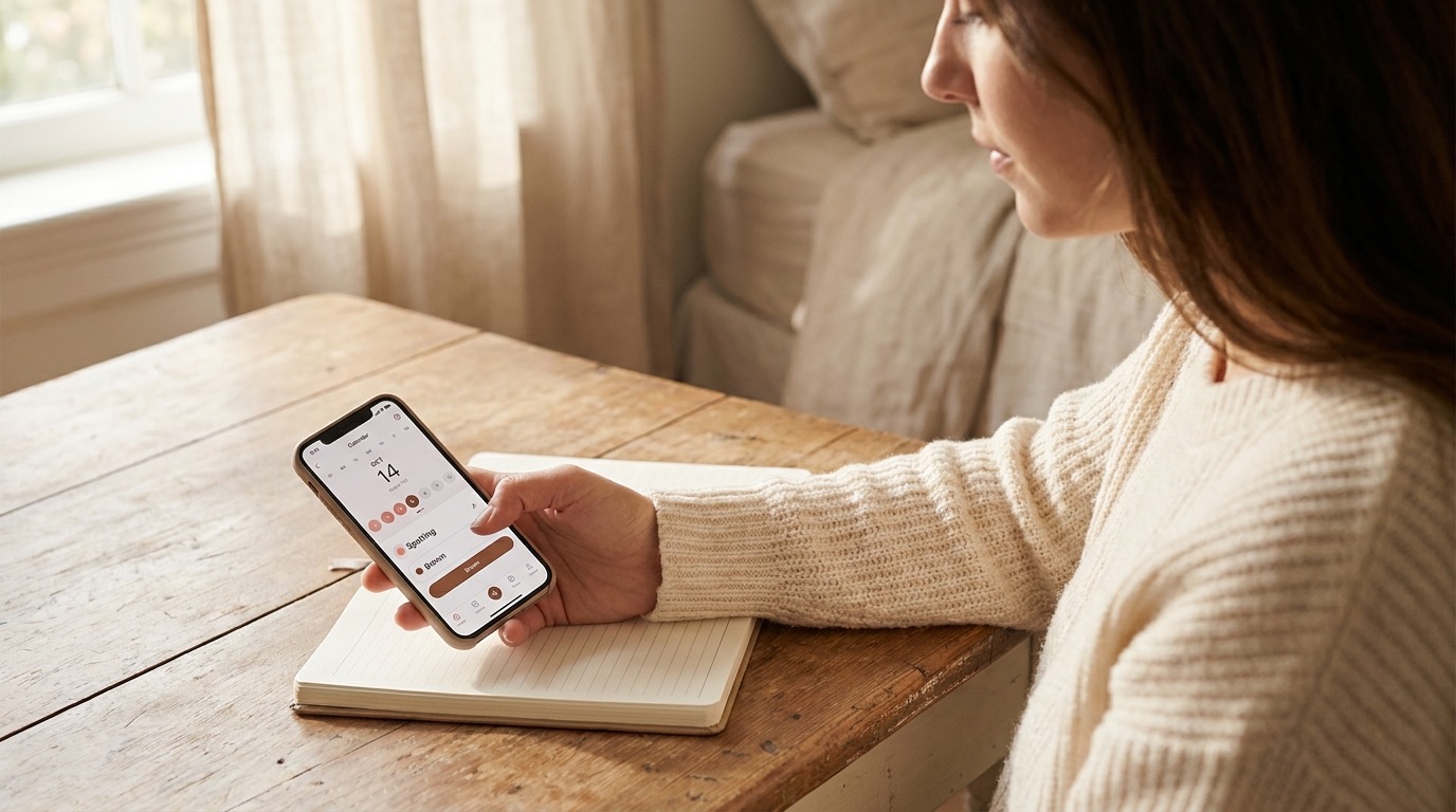 Person logging the date and color of mid-cycle ovulation spotting in the Vyve app to compare it against their fertile window