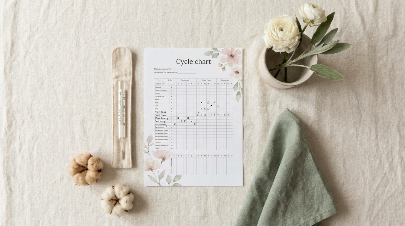 Soft illustration of the key signs of ovulation — basal body temperature rise, cervical mucus and LH surge — tracked in Vyve
