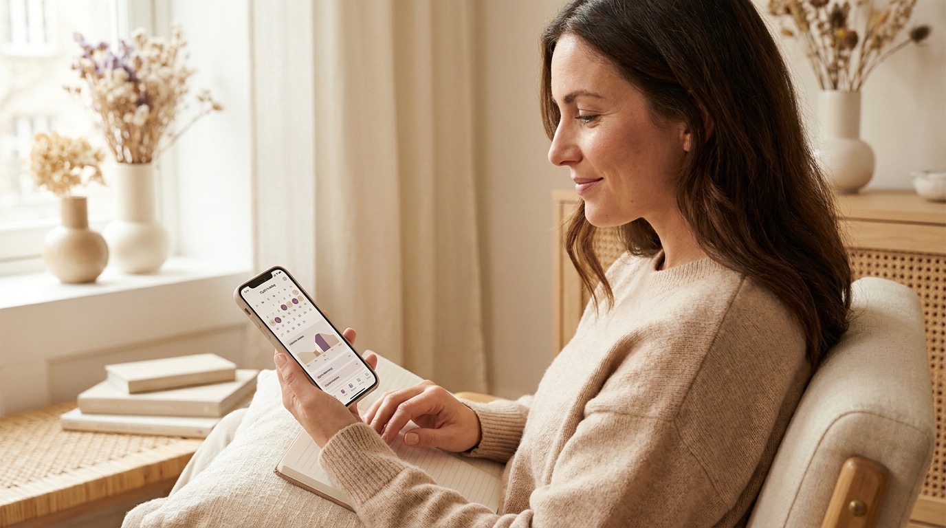 A woman calmly reviewing her irregular cycle patterns and PCOD-related symptoms in the Vyve private period tracker app on her phone