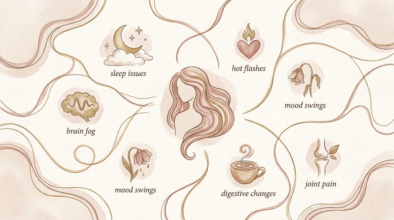 Clear editorial illustration mapping common perimenopause symptoms across the body — hot flashes, sleep, mood, periods and more
