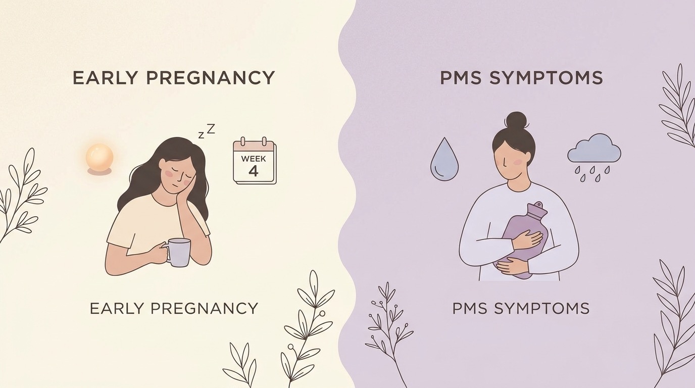 Calm side-by-side conceptual illustration contrasting early pregnancy symptoms with PMS symptoms