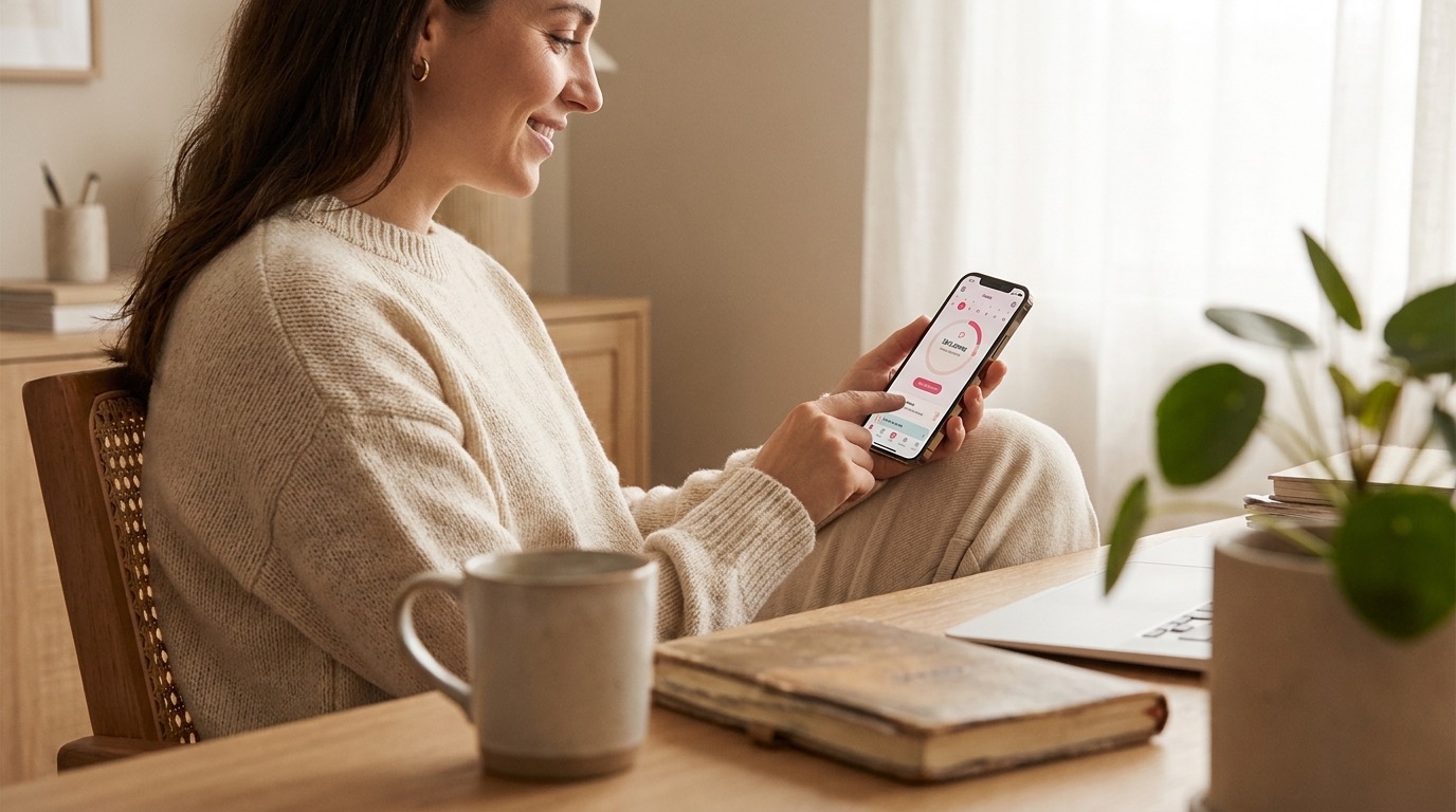Femme suivant son cycle et la date prévue de ses règles dans une application de suivi privée sur son téléphone