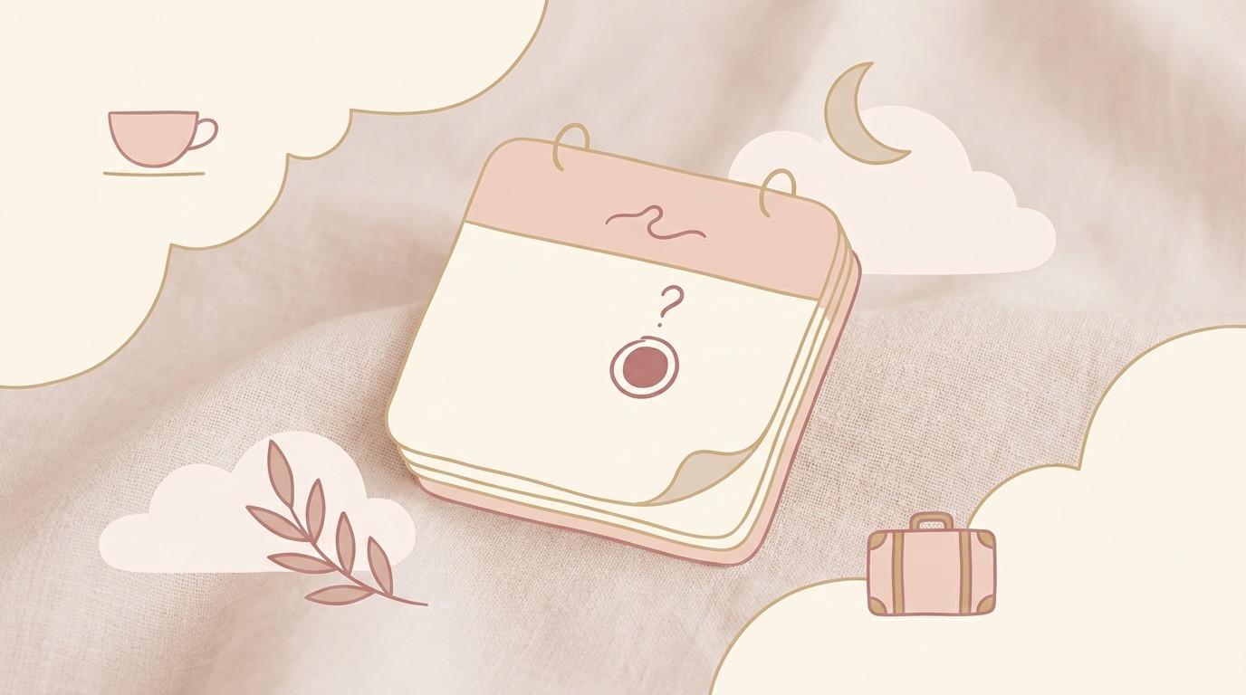 Composición editorial suave con elementos que evocan las causas de un retraso menstrual: una taza de té, una báscula, unas zapatillas de correr y un calendario