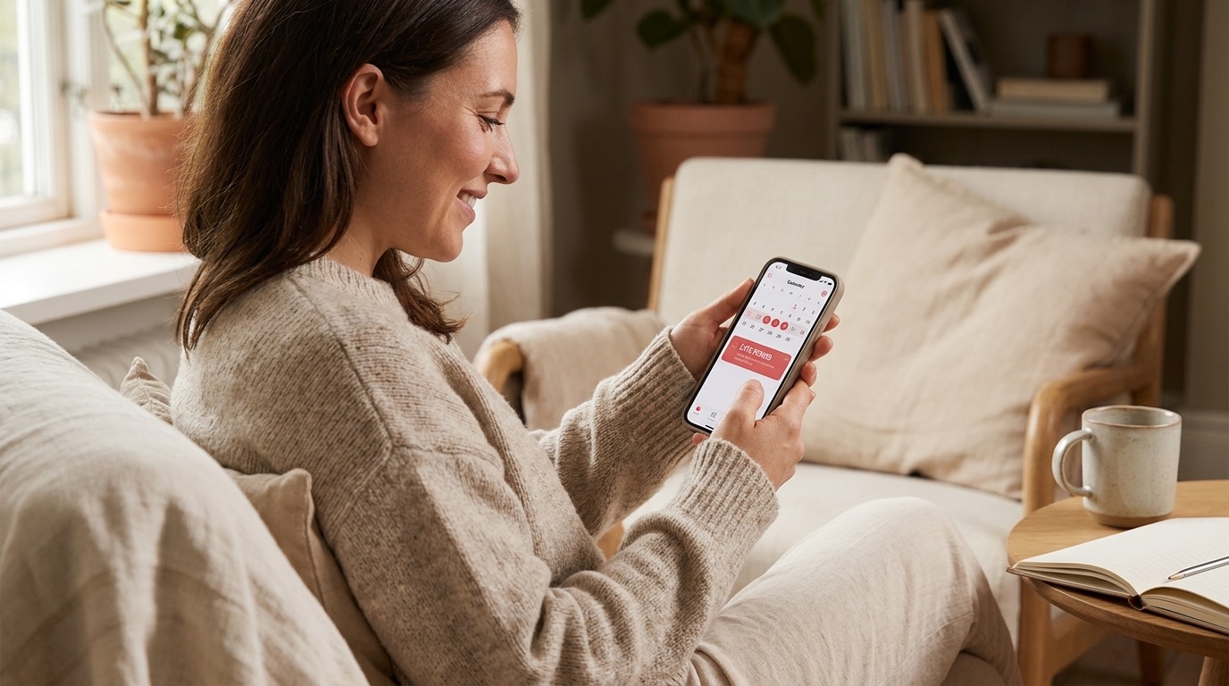 Manos sosteniendo un teléfono que muestra de forma serena una app de seguimiento del ciclo, simbolizando el registro privado del ciclo con Vyve
