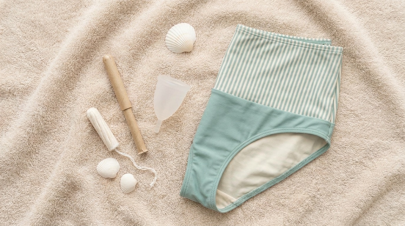 A tasteful flat-lay of period swimming protection options — a tampon, a menstrual cup, and period swimwear on a soft towel