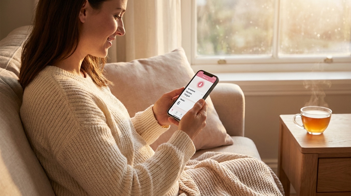 Femme consultant sereinement une application de suivi de cycle sur son téléphone, avec ses symptômes enregistrés au creux de la main