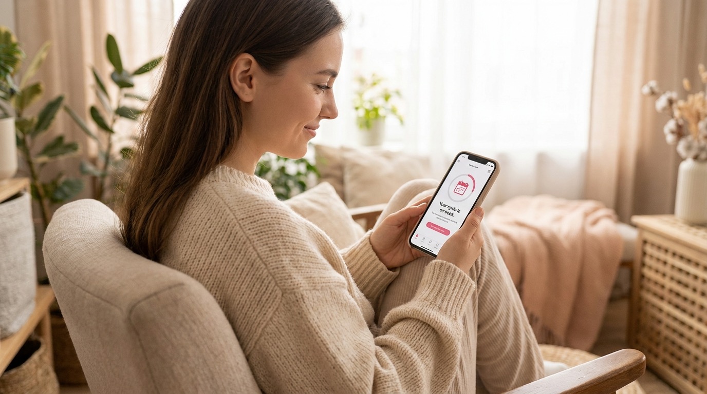 A woman checking her period prediction in the Vyve app so she's prepared with the right supplies