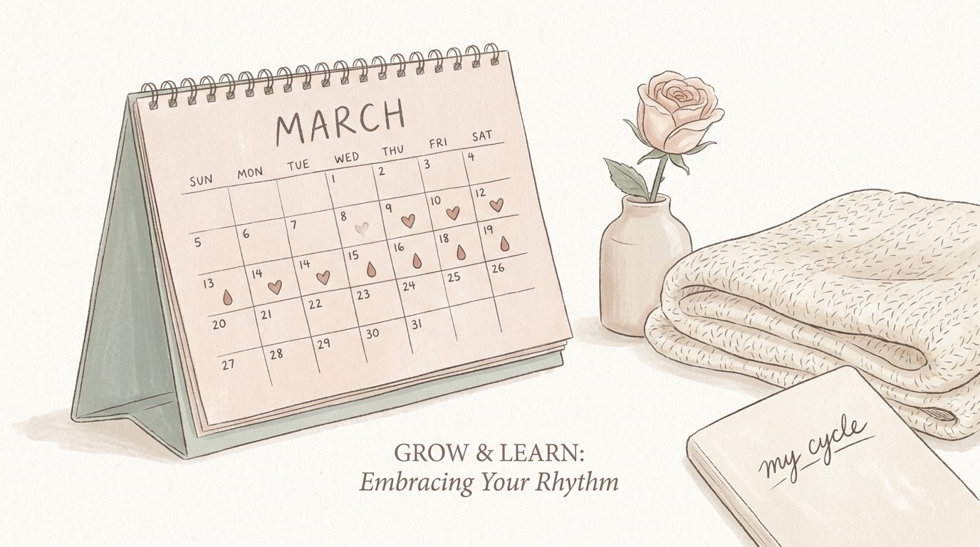 Warm, reassuring illustration representing a first period and a teenager learning her natural cycle rhythm