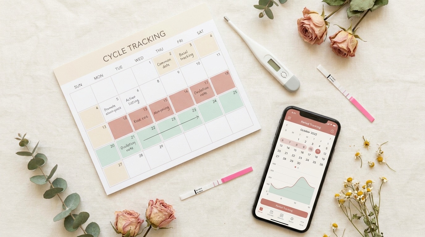 A flat-lay of menstrual cycle tracking tools — a calendar, a basal thermometer, an ovulation test and a phone app