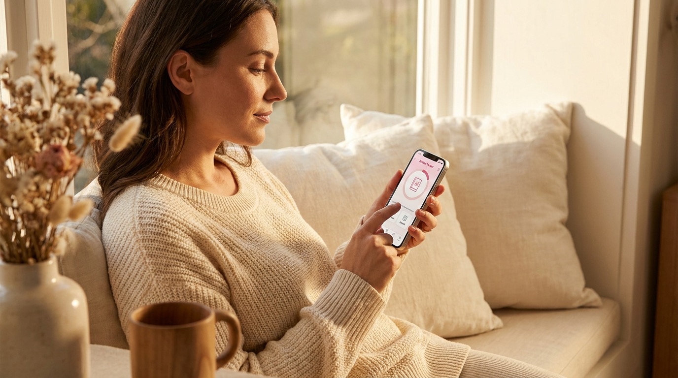 Woman calmly logging where and how severe her period pain is in the Vyve app to spot patterns over her cycle